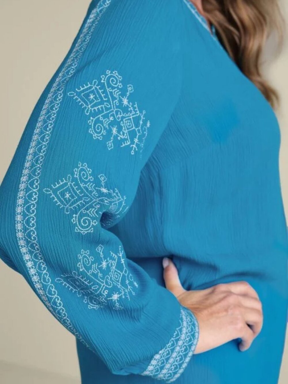 Soft Surroundings Imane Gauze Tunic Embroidered Crinkled Blue size 1X Resortwear - Picture 15 of 16